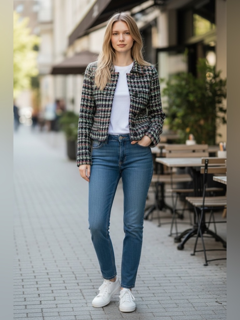 AVEC Vintage-Style Multicolor Pixelated Woven Knit Button-Up Jacket